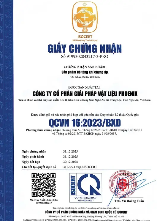 Giấy chứng nhận sản phẩm bê tông khí chưng áp Phoenix