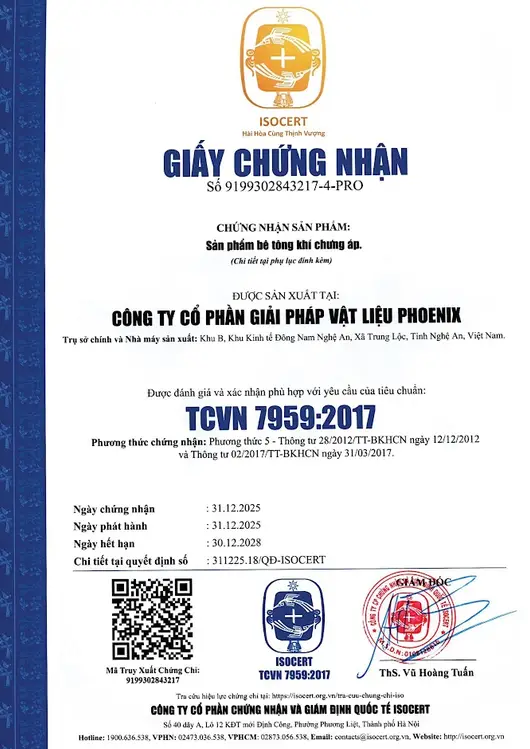 Giấy chứng nhận sản phẩm bê tông khí chưng áp Phoenix
