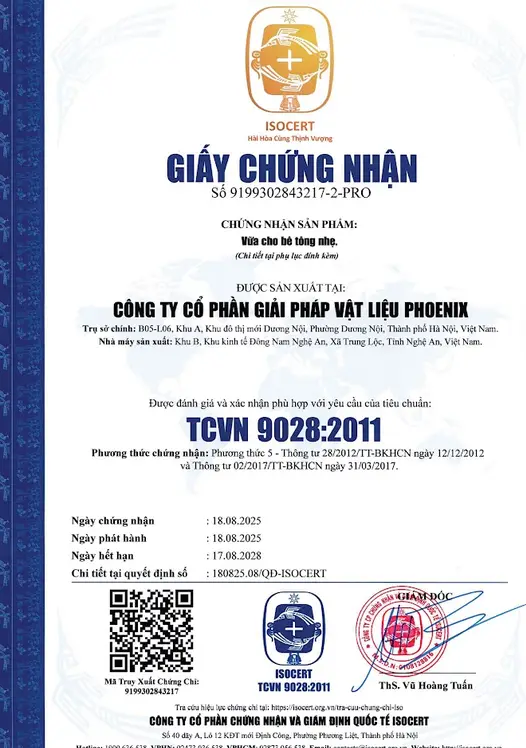 Giấy chứng nhận vữa cho bê tông nhẹ Phoenix
