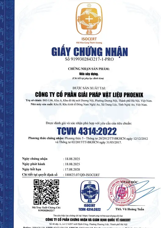 Giấy chứng nhận vữa xây dựng Phoenix